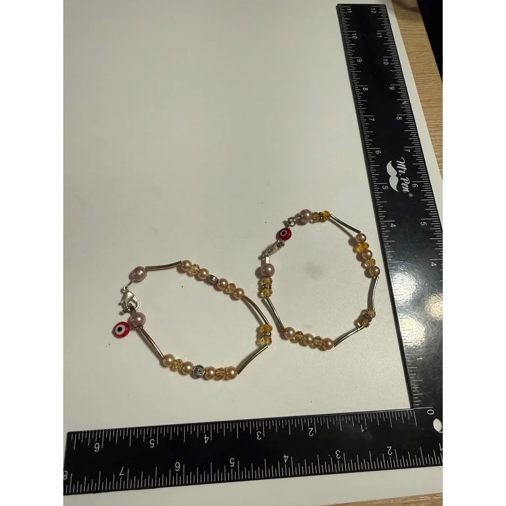 Set of 2 Evil Eye Cross Beaded Bracelets Gold Tone Champagne Pearl Amber Crystal